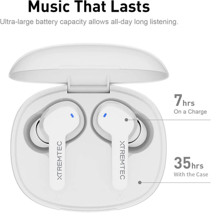 Bluetooth Noise Cancelling Wireless Earbuds for Iphone/Android, In-Ear Sweatproof Stereo Bass Headphones, Immersive Sound Bluetooth 5.2 Earphones with Microphones,En-Able Computer (White)